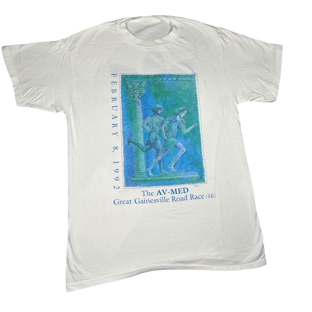 Vintage 1992 Adidas AV-MED Great Gainesville Road Race 5K Shirt White Large 90s